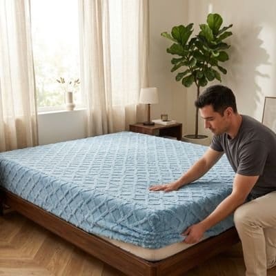 homme met drap housse bleu ultradoux