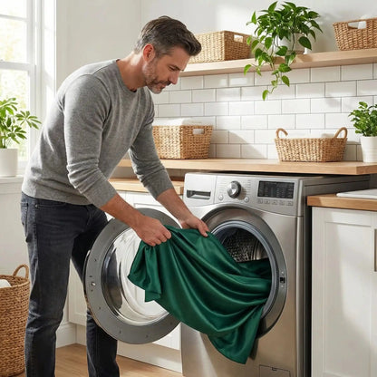 homme met draps housse vert satin premium dans machine 