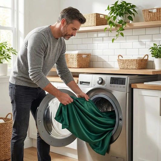 homme met draps housse vert satin premium dans machine 