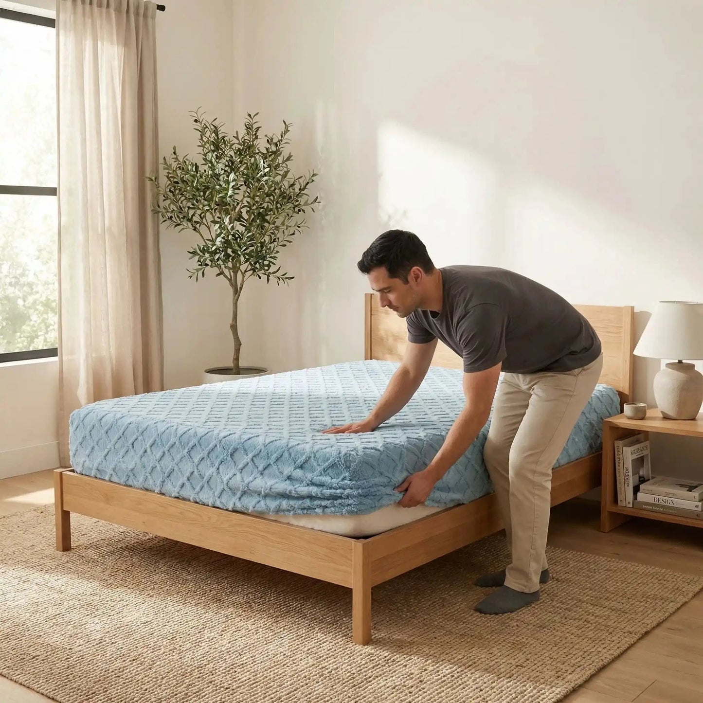 homme met son drap housse bleu ultradoux