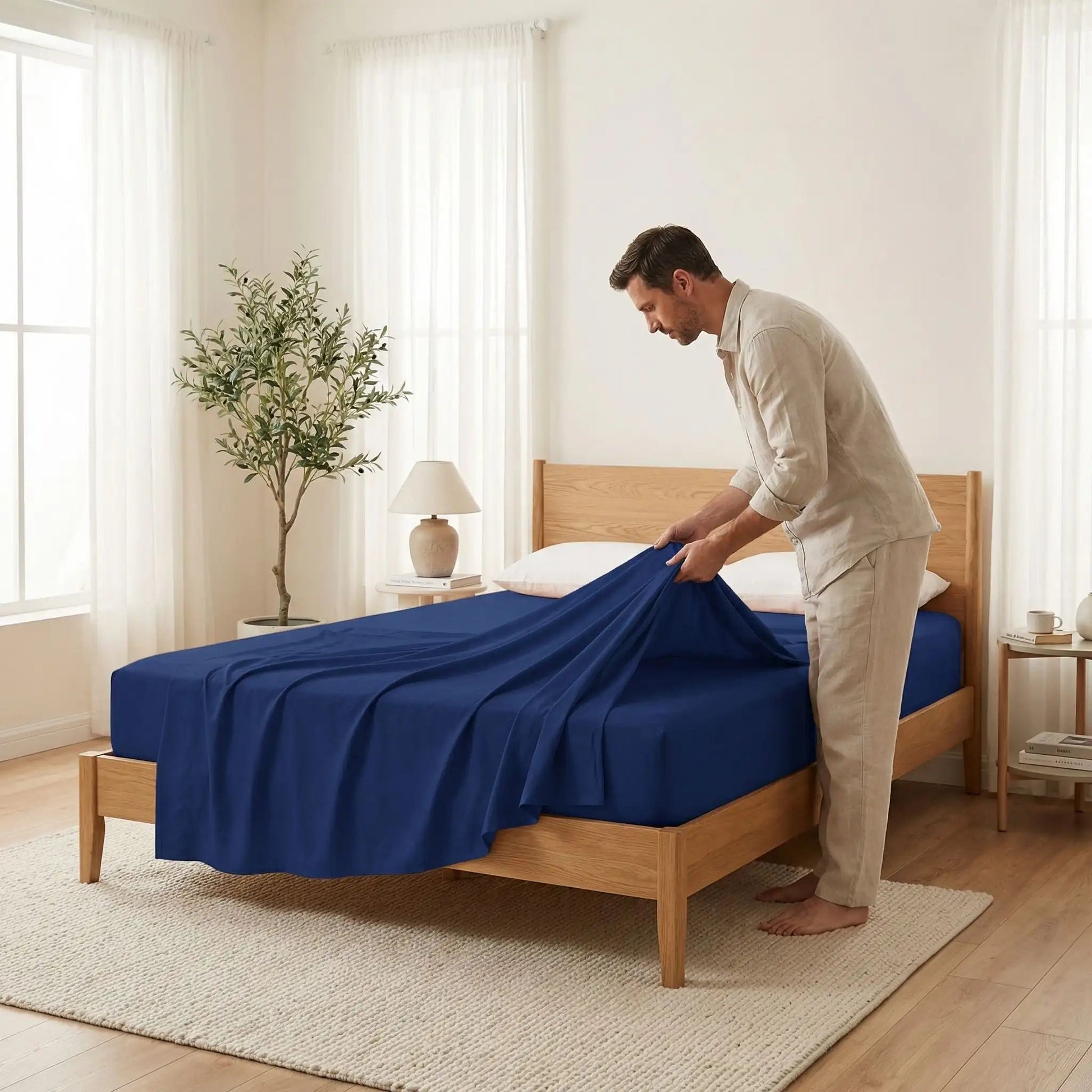 homme plie draps plats bleus polyester douceur