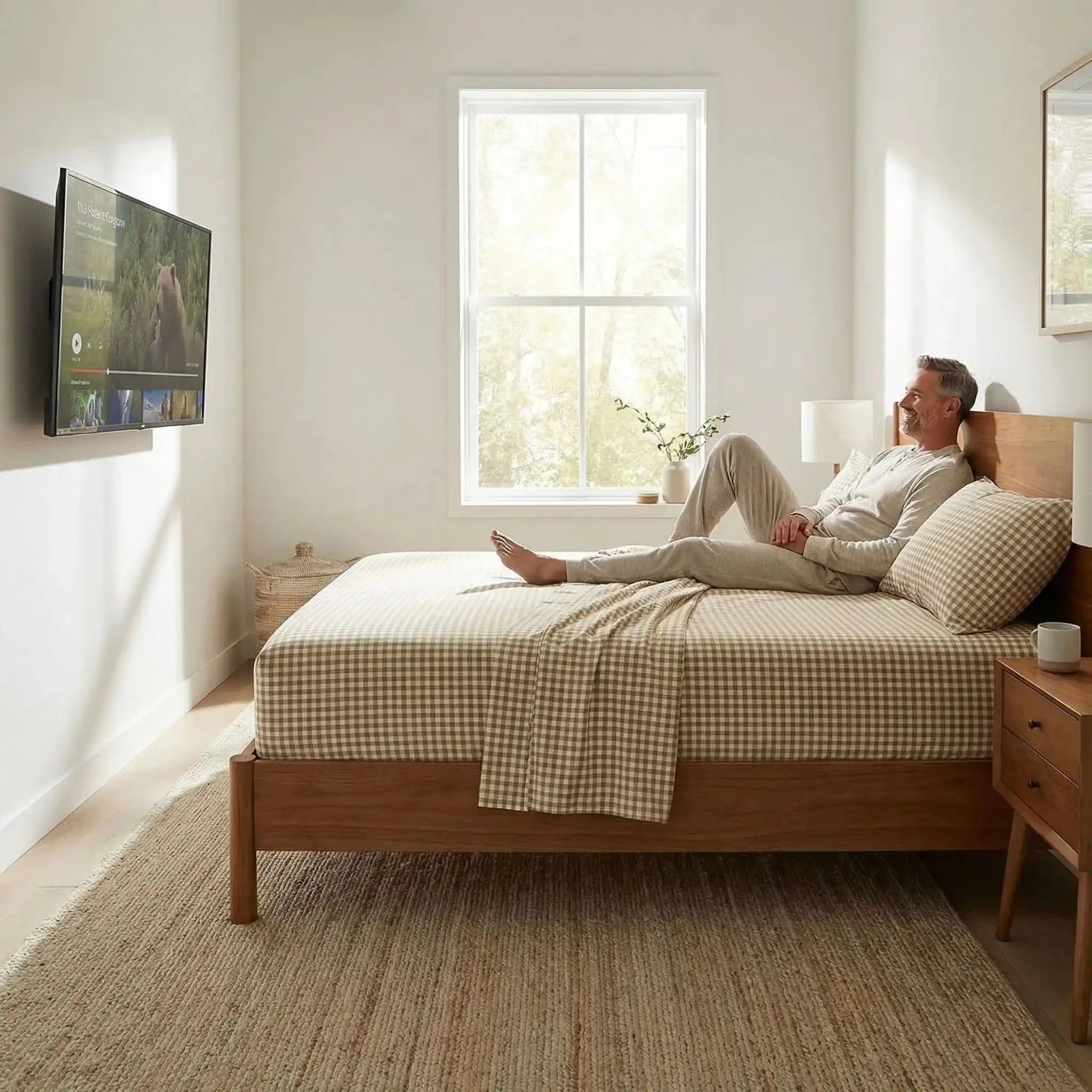 homme regarde télévision chambre sur drap housse  ajustement parfait