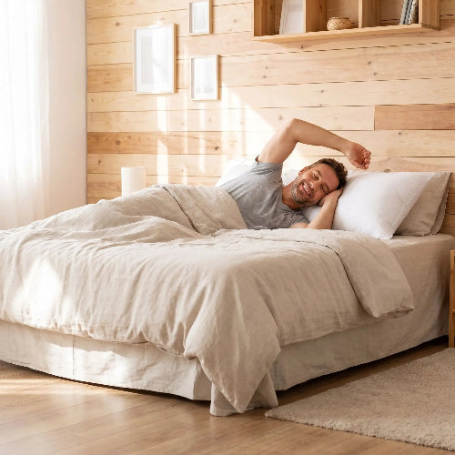 homme souriant couché sur dos tête sur taie d'oreiller coton 50x70