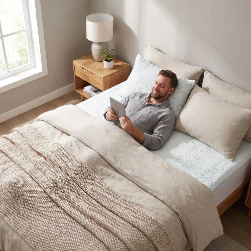 homme souriant couché sur drap housse frais gris sur dos avec tablette
