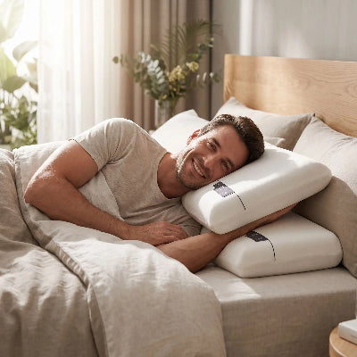 homme souriant couché sur oreiller à mémoire de forme plushpillow