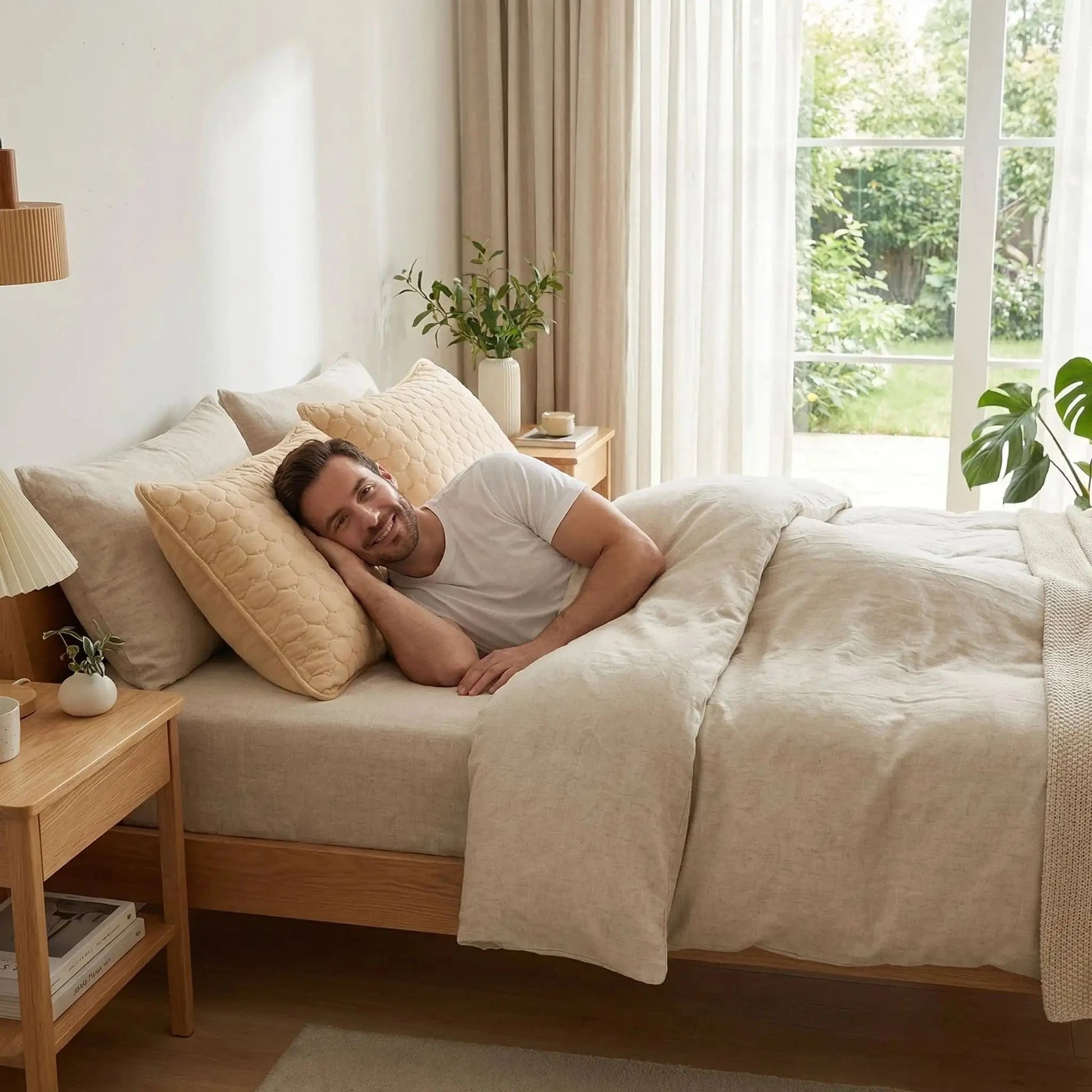 homme souriant couché taies d'oreiller orange