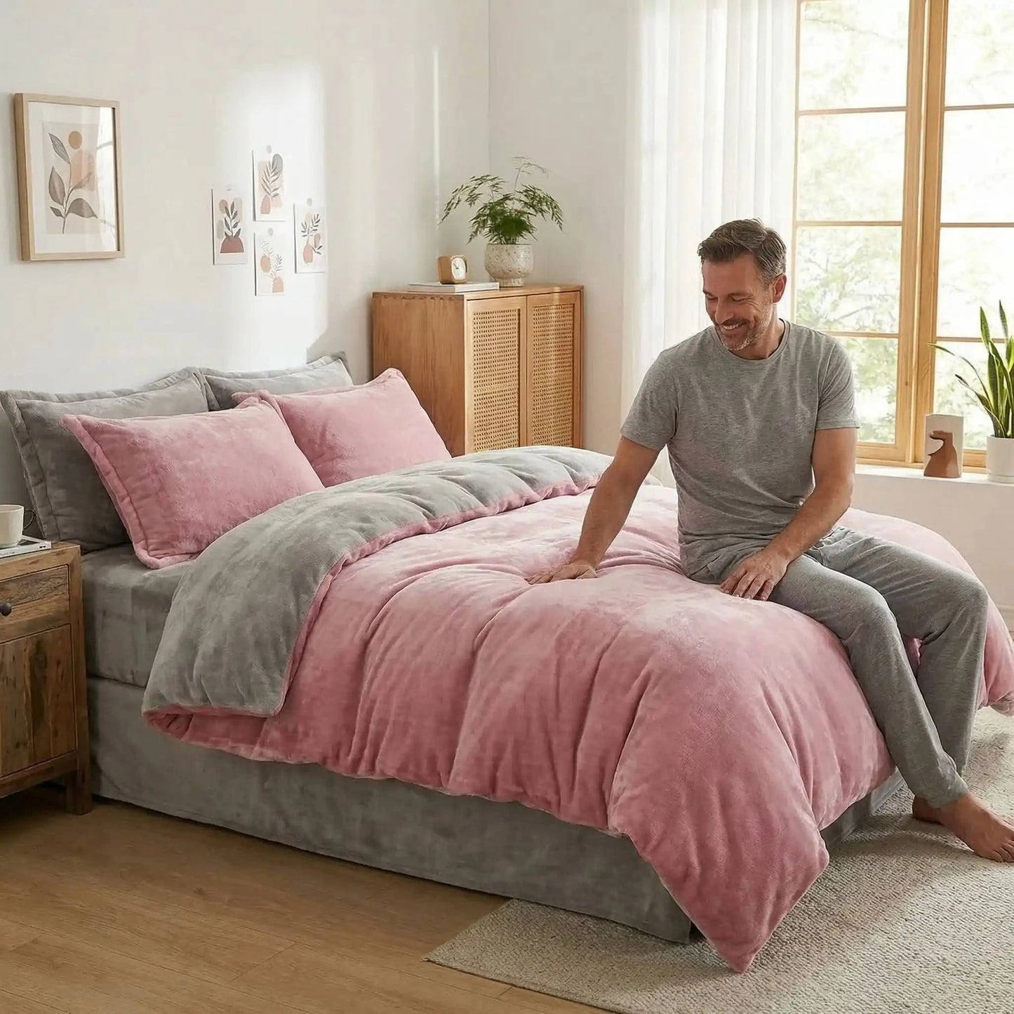 homme souriant housse de couette rose ultra confortable