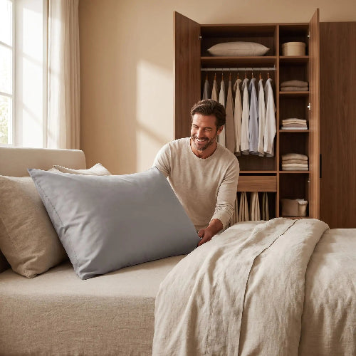 homme souriant pose taie d'oreiller 50x70 percale de coton grise sur drap beige