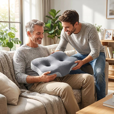 homme souriant reçoit son oreiller à mémoire de forme gris