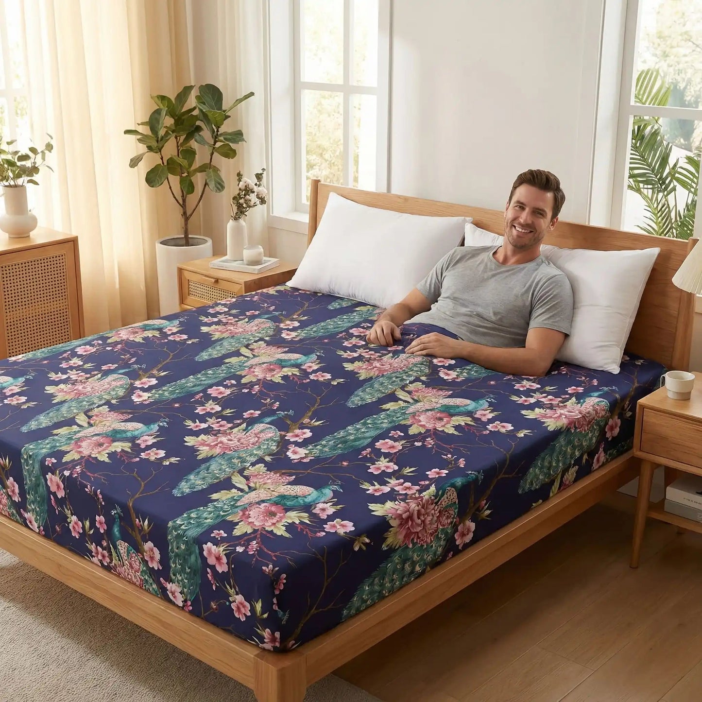 homme souriant sur draps housse bleu floral végétal zen