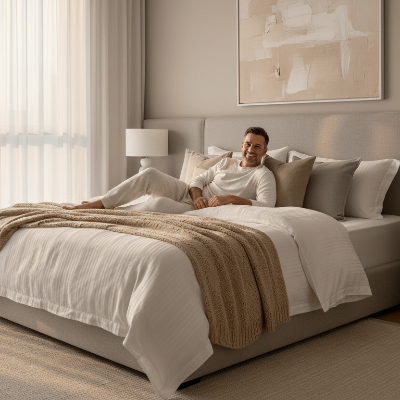 homme souriant sur lit dans chambre d'excellence
