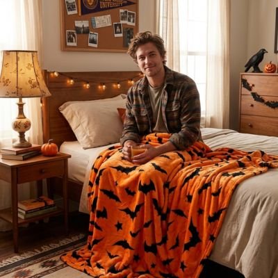 homme souriant sur lit enveloppé avec couverture orange