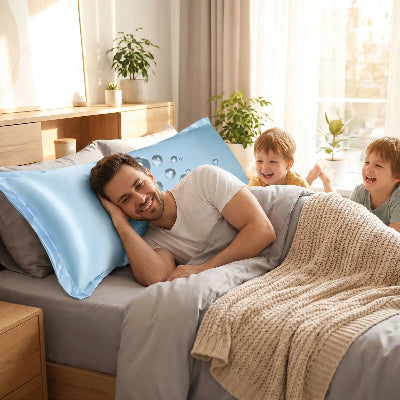 homme souriant sur traversin imperméable bleu ciel avec enfants côté lit 