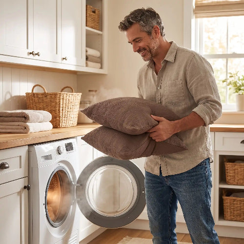 homme sourit avec taie D OREILLER coton 50x70 chocolat sortie de sèche linge
