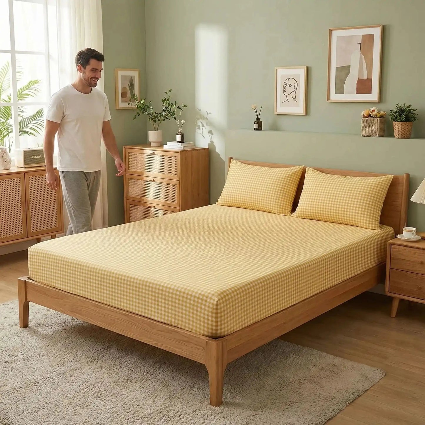 homme sourit près drap housse jaune chambre ajustement parfait