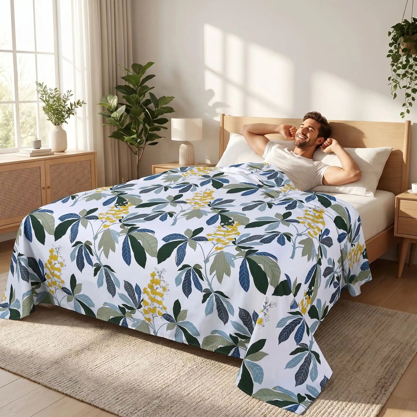 homme sourit sur drap plat dessin floral pur coton 500