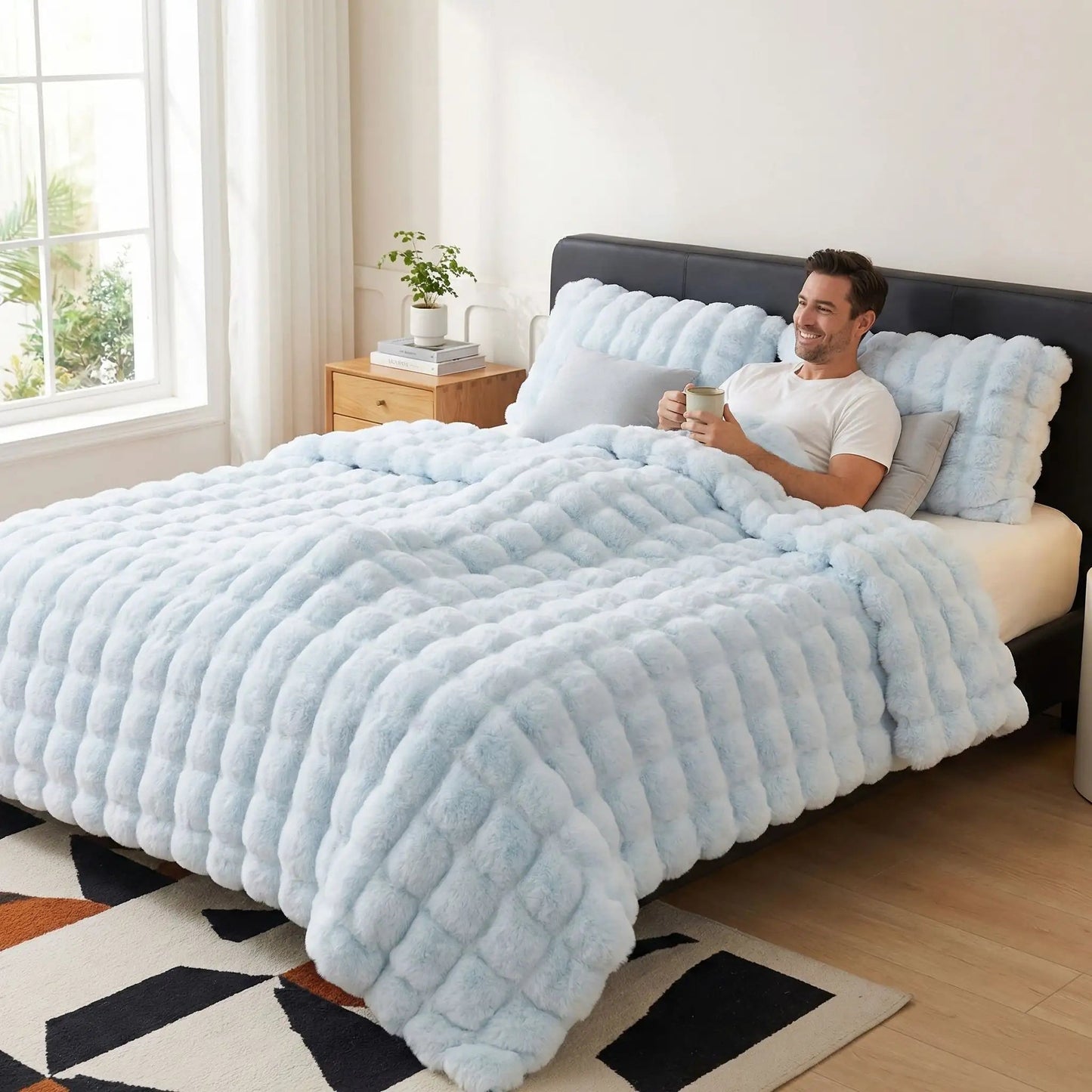 homme sous couverture bleu épaisse et chaude
