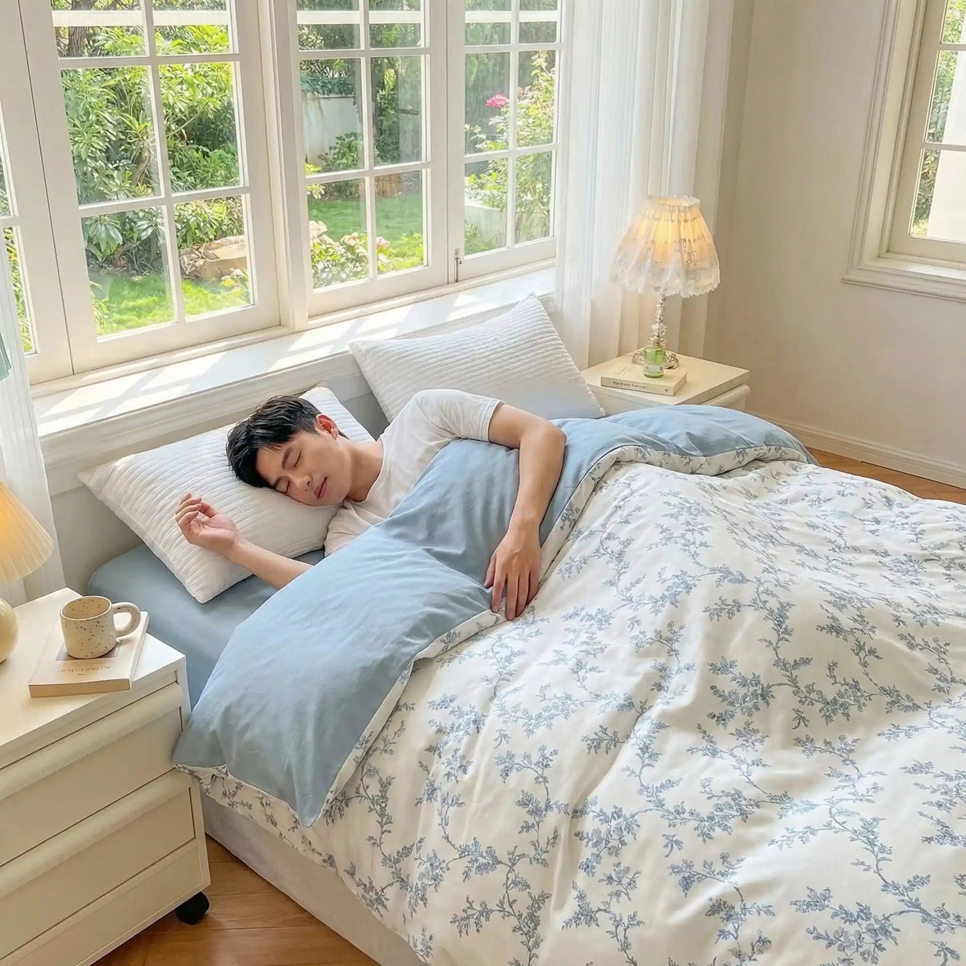 homme sous douceur d'intérieur housse de couette bleue florale coton