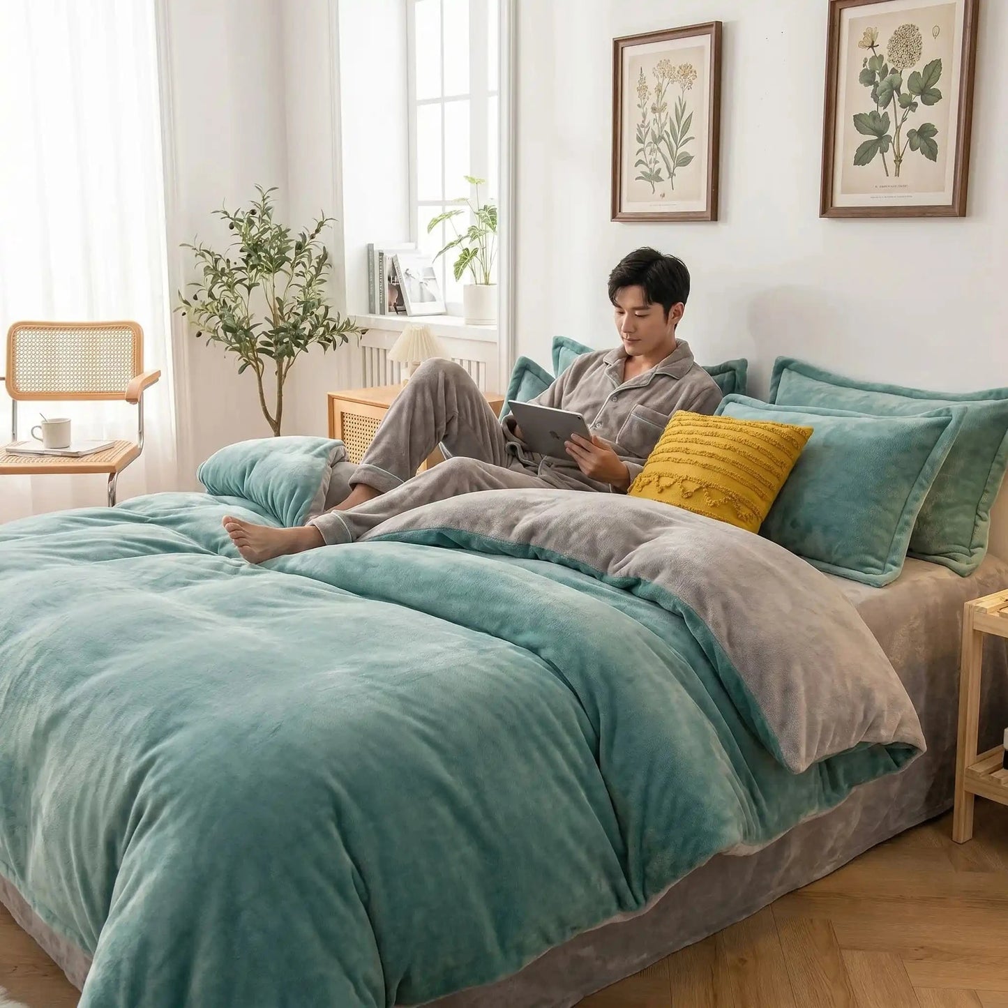 homme sous housse de couette flanelle verte ultra-douce