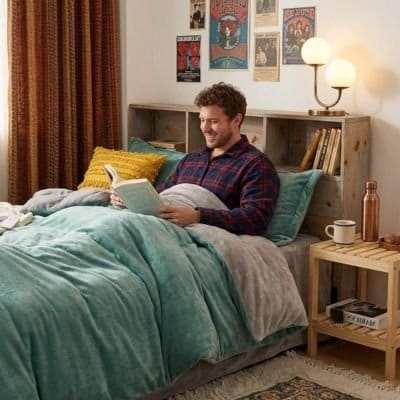 homme sous housse de couette flanelle verte  utra-douce