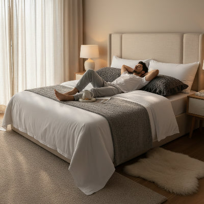 homme sur lit tête sur traversin FlexiComfort™ gris