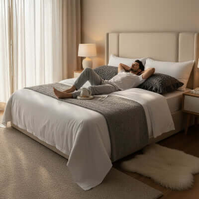 homme sur lit tête sur traversin gris