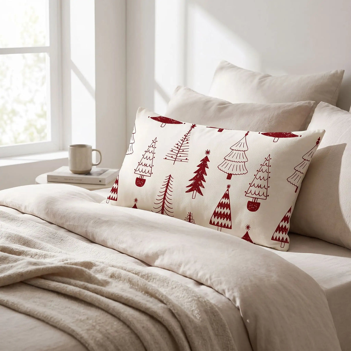 housse d'oreiller 50xx70 blanche sapin-blanc-rouge