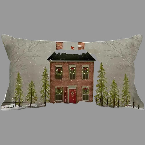 housse d'oreiller 50xx70 grise crèche sapins verts
