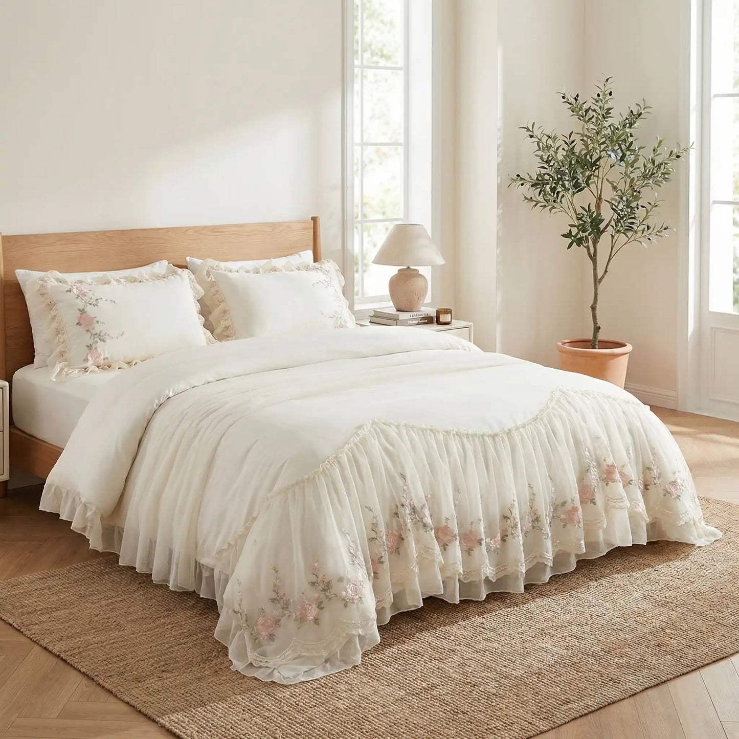 housse de couette 260x240 blanche broderie coréenne