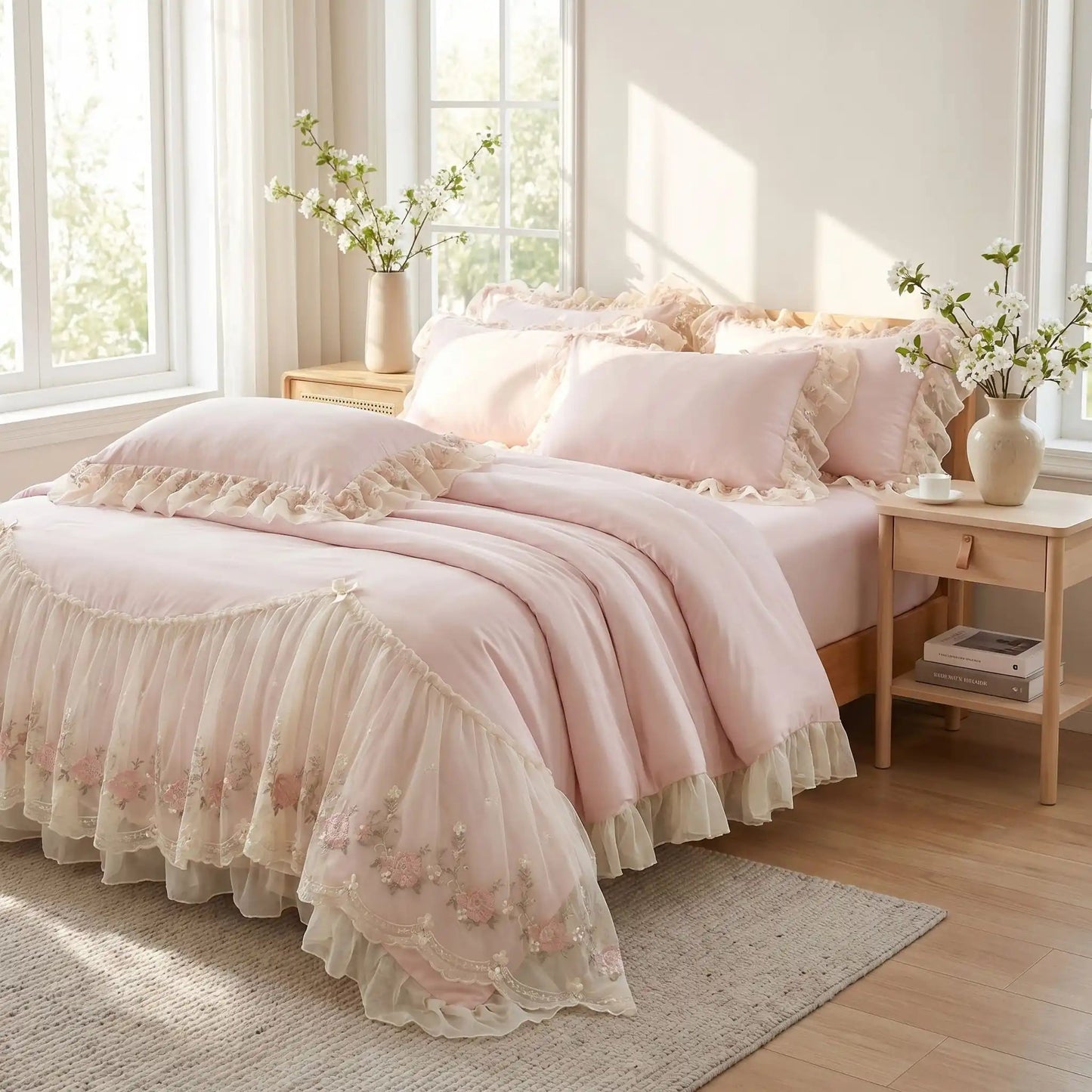 housse de couette 260x240 rose broderie coréenne