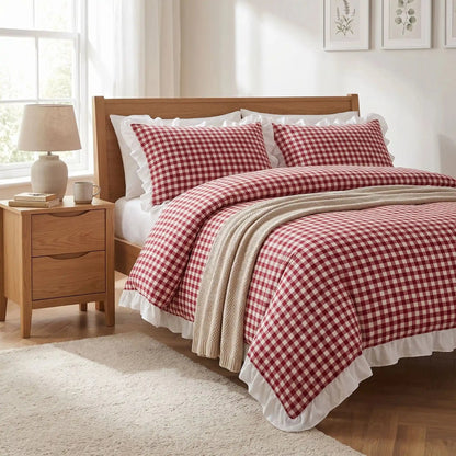housse de couette 260x240 rouge carreaux dentelle
