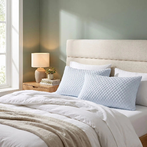 housse taie d'oreiller bleue sur lit dans chambre décorée
