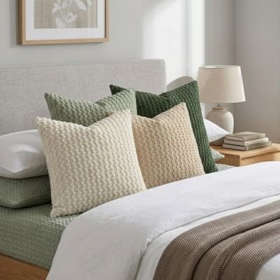 housses de coussins blancs verts sur lit