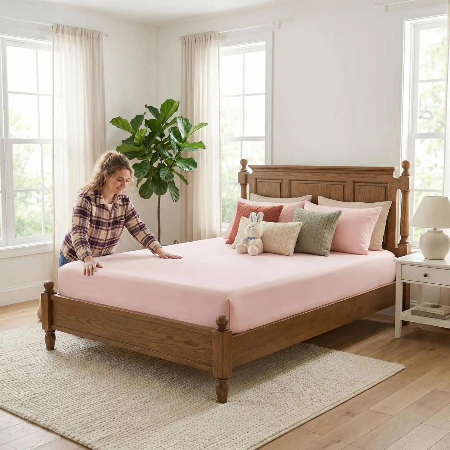 jeune femme près draps housse rose clair rose poudré 