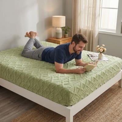 jeune homme lit sur drap housse vert softfit