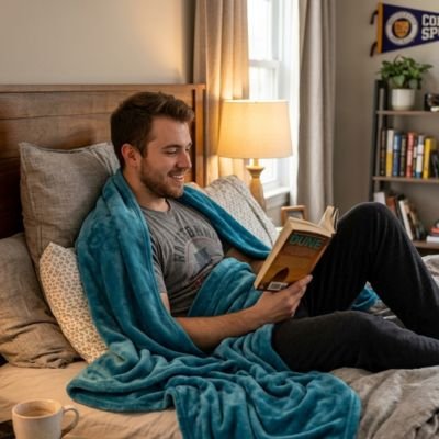 jeune-homme-souriant-avec-tablette-sous couverture-bleue