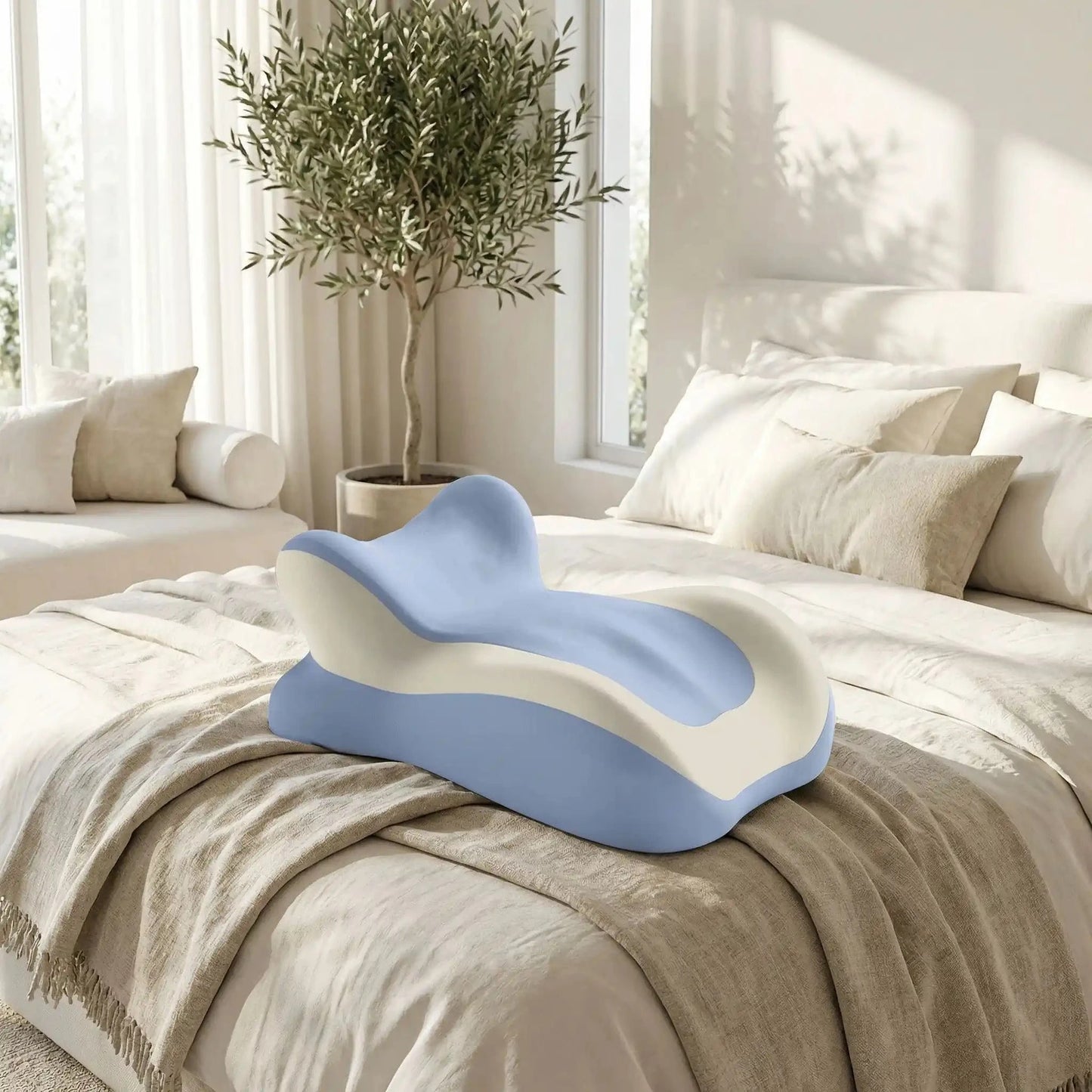 oreiller ergonomique sans coussin bleu beige  | Confort Garanti
