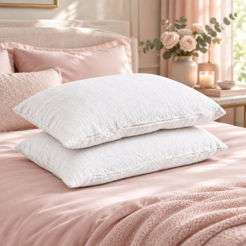 taie D OREILLER coton 50x70 blanche sur draps roses avec fleurs