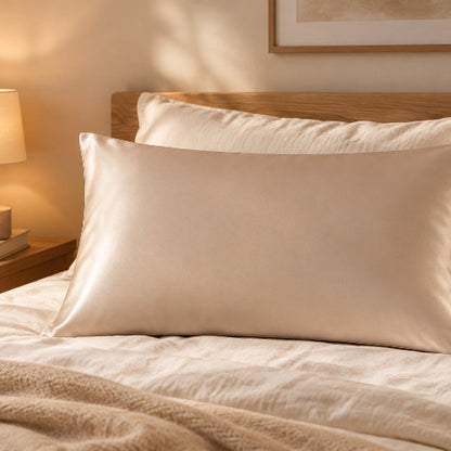 taie D OREILLER en soie murier 50x70 beige sur lit