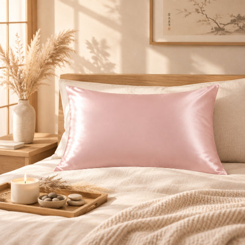 taie D OREILLER en soie murier 50x70 rose dans chambre