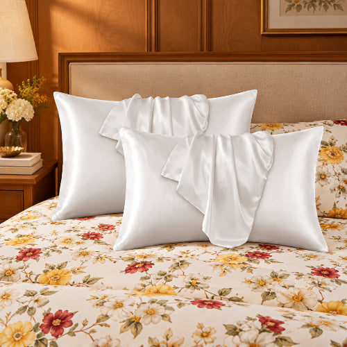 taie d'oreiller satin 50x70 blanche sur drap fleuri