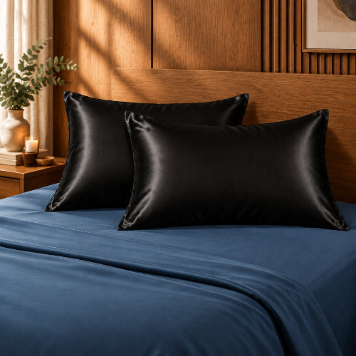 taie d'oreiller satin 50x70 noire sur drap bleu