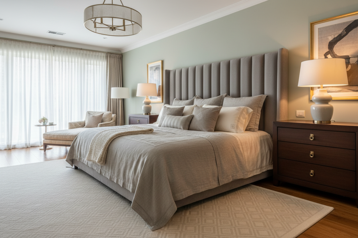 une grande chambre bien décorée avec un lit bien de draps et cousins dessus